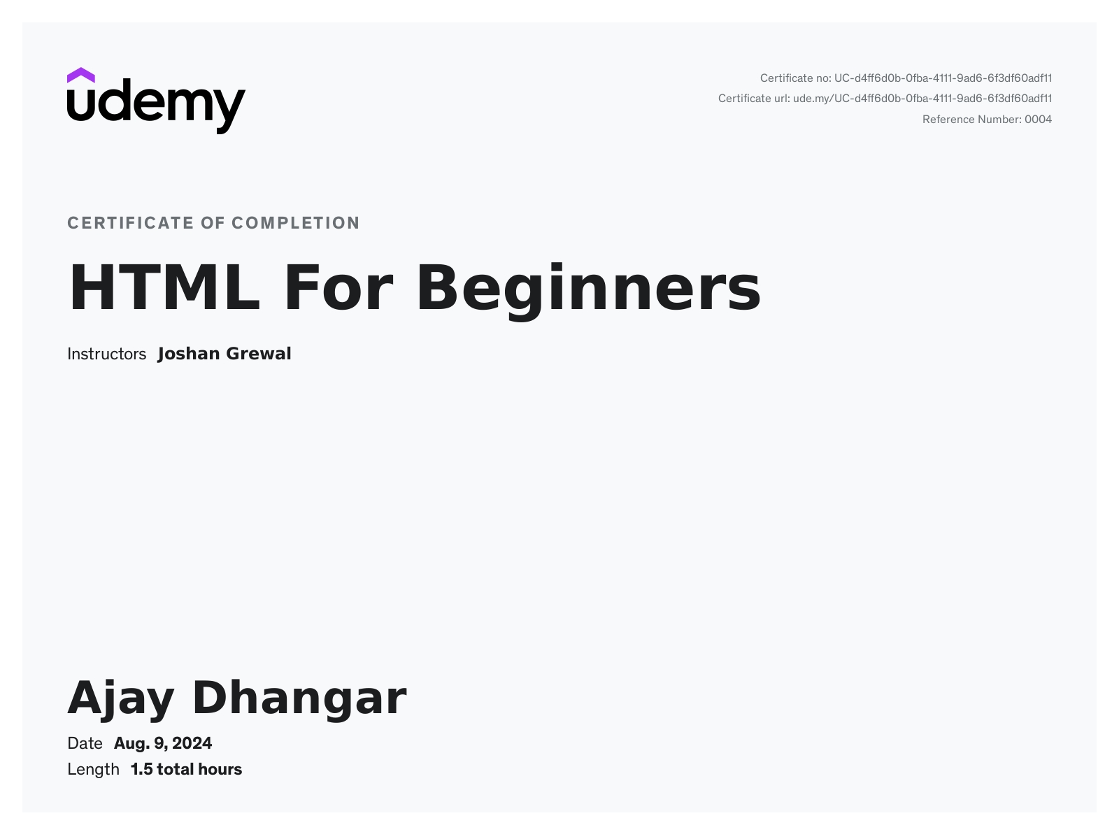 HTML For Beginners Certificate